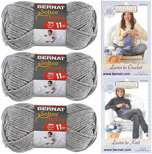 Bernat Softee Chunky Yarn, Super Bulky #6, 3 Skeins Bundle (Gray Heather)...