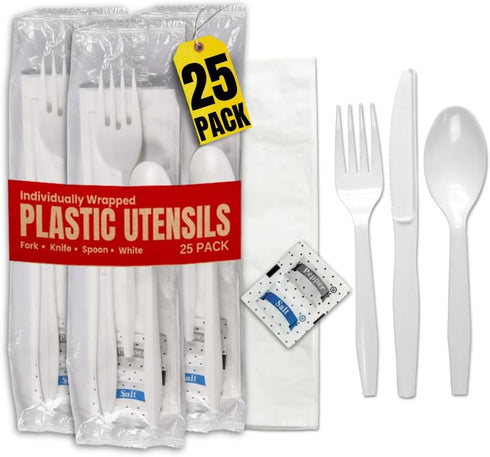 Plastic Utensils Individually Wrapped, Plastic Cutlery Packets, Spoons And Forks Set Disposable With Napkin Salt Pepper, 25 Pack...