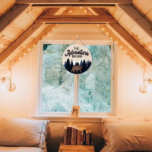 LHIUEM The Adventure Begins Wooden Hanging Sign,Woodland Wall Decor,Bear Mountain Inspirational Quotes Wooden Sign For Home Cabin Decor,Forest Cam...