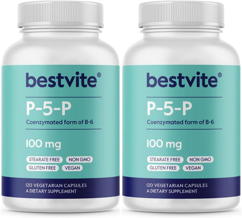 BESTVITE P-5-P 100mg (240 Vegetarian Capsules) (120 x 2) (CoEnzymated Form of B-6) - No Stearates - Vegan - Non GMO - Gluten Free...