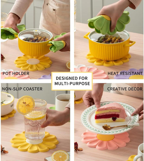 Daisy Trivet for Hot Pots and Dishes, 6.7 Inch Round Flexible Silicone Pot Holders Hot Pads, Anti-Slip Coaster, Heat Resistant Mat Multi-Use Creat...