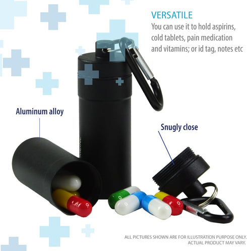 Deke Home - Waterproof Keychain Pill Holder (2 Pack), Small Aluminum Pill Case for Medicine, Vitamins & Travel, Portable Pill Container with Secur...
