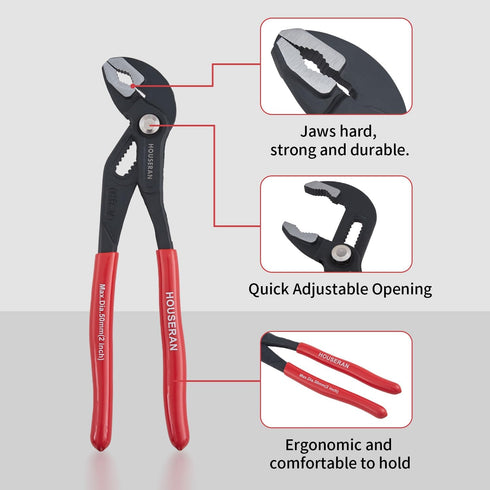 Slip Joint Pliers, HOUSERAN Water Pump Pliers, 10 Inch Groove Joint Pliers, Wrench Pliers with Comfort Red Grips, CRV Tongue and Groove Pliers for...