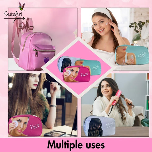 CuteAri 4 Pcs Nylon Pink Makeup Bags for Teen Girls - Mini Backpack for Women...