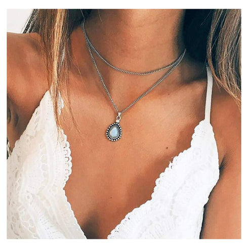 Aimimier Bohemia Layered Opal Choker Necklace Gemstone Necklace Teardrop Necklace Opal Gem Charm Pendant Necklace Gemstone Statement Jewelry for W...