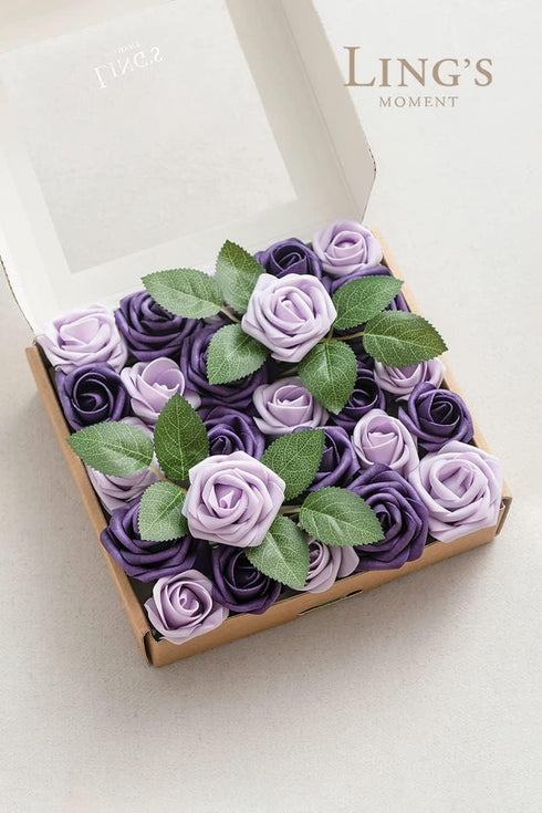 Ling's moment Artificial Wedding Flowers 1.5" Rose Buds and 2" Petite Roses 25pcs Lilac & Purple w/Stem for DIY Wedding Boutonniere Wrist Corsages...