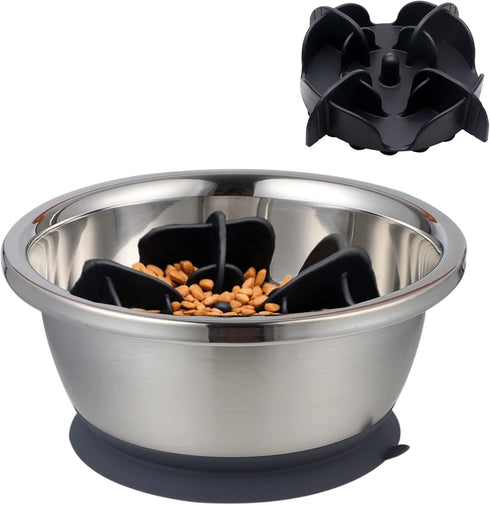 2-in-1 Slow Feeder Dog Bowl with Anti-Slip Silicone Base, 50.7oz, Stainless Steel, for Small to Medium Dogs...