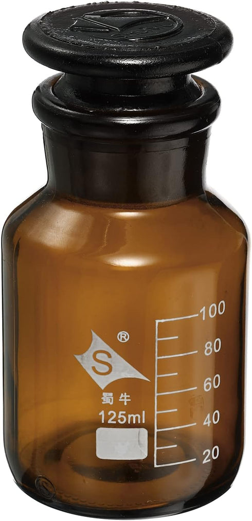PATIKIL 125mL Reagent Media Bottle, 1Pcs Round 3.3 Borosilicate Glass Graduated Storage Bottle with Amber Cap for Chemistry Lab Universities Home,...