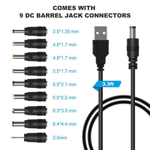 LANMU USB to DC Power Cable, DC 5V Power Cord Charging Cable with 9 Adapters (6.4 * 4.4mm, 6.3 * 3.0mm, 5.5 * 2.5mm, 5.5 * 2.1mm, 5.5 * 1.7 mm, 4....