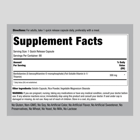 Piping Rock Benfotiamine 300mg | 90 Capsules | Fat Soluble Vitamin B1 | Non-GMO, Gluten Free Supplement...