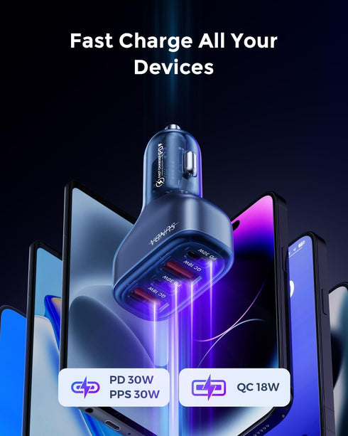 SUNDA 60W USB C Fast Car Charger, 4-Ports Car Charger Adapter, Dual Type C PD30W/PPS30W Compatible with iPhone15/14 Pro/Max/iPhone13/Galaxy/Samsun...