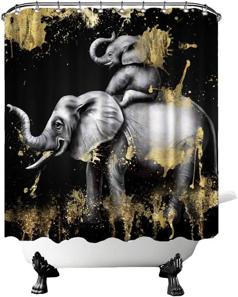 FuShvre Elephant Shower Curtain Black and Gold Shower Curtains African Animal Bathroom Decor Hooks Included 72"x 72"...