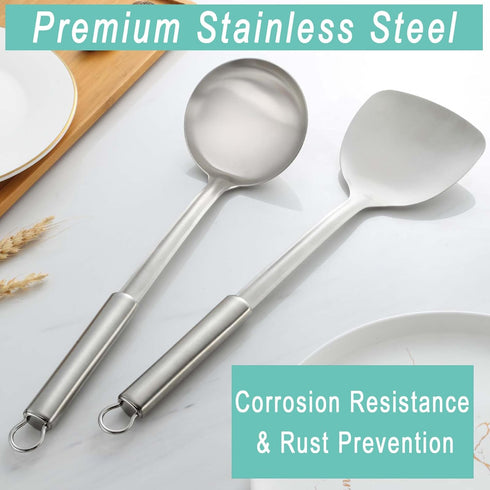 Pleafind 2-Pcs Ladle and Spatula, Soup Ladle and Spatulas, Stainless Steel Spatula and Spoon Sets, Cooking Utensils Set, Wok Spatula and Wok Ladle...