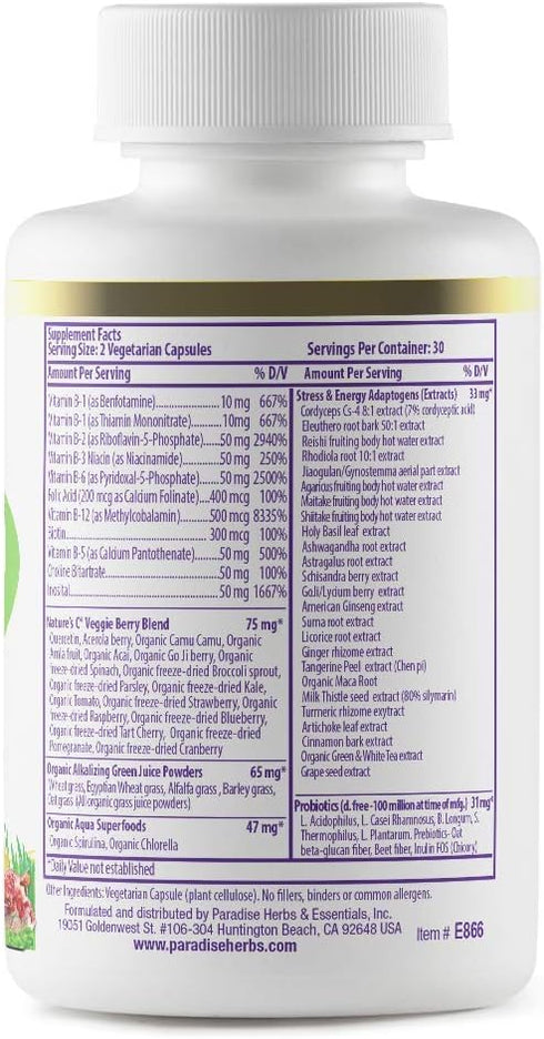 Paradise Herbs, Earth's Blend B-Complex, Methylated, Enzymatically Active Forms of B Vitamins + Superfoods, Supports Energy & Immunity, 60...