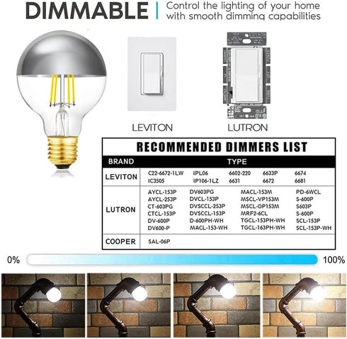XININSUN Dimmable Half Chrome Light Bulb,6W (60W Eqv.), Anti Glare LED Light Bulbs,G25 Globe Light Bulbs,E26 G80 Silver Dipped Bulb for Bathroom, ...
