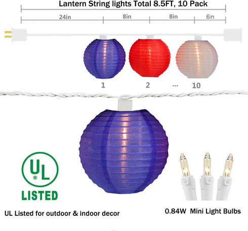 GOOTHY 8.5Ft Red White Blue Lantern String Lights, 4th of July Decor Lights with 10 Red White Blue Lanterns Connectable Patriotic Outdoor Lanterns...