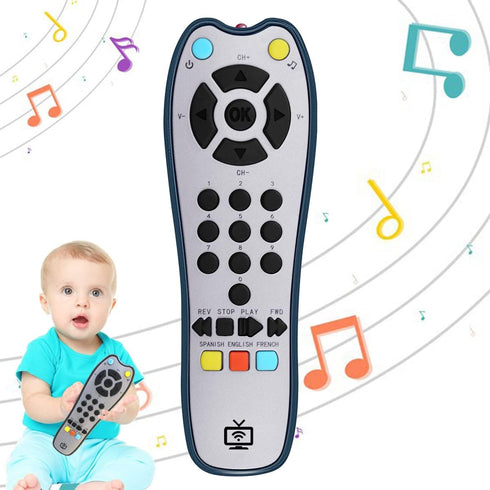 Kids Realistic TV Remote Control with Soft Light and Sound, Early Educational Learning Remote Toy with 3 Different Language, Musical Remote Toy fo...