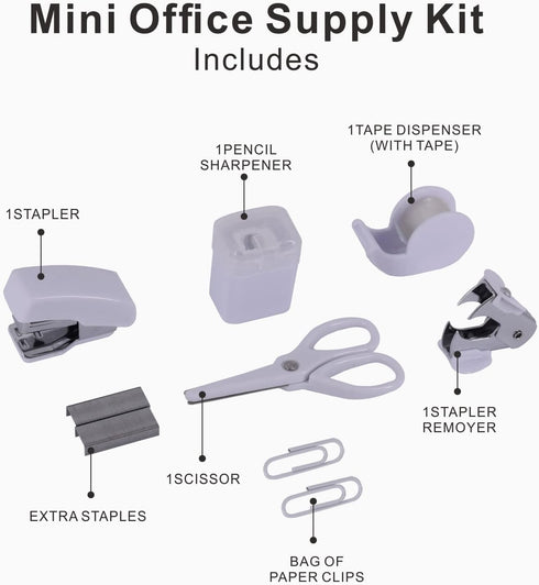 Mini Office Supply Kits – Includes Mini Stapler,Scissors, Staple Remover, Staples, Tape Dispenser (White)...