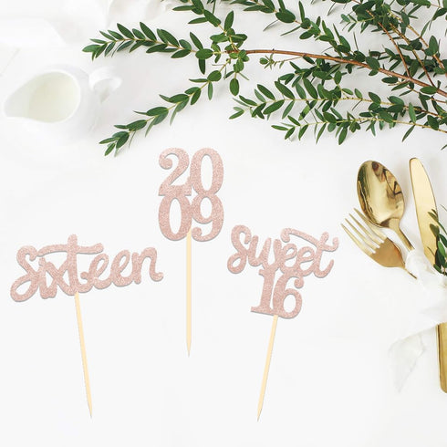 24 Pcs Sweet 16 Rose Gold Glitter Birthday Cupcake Toppers for 16th Birthday Celebrating Party Decorations (Rose gold)...