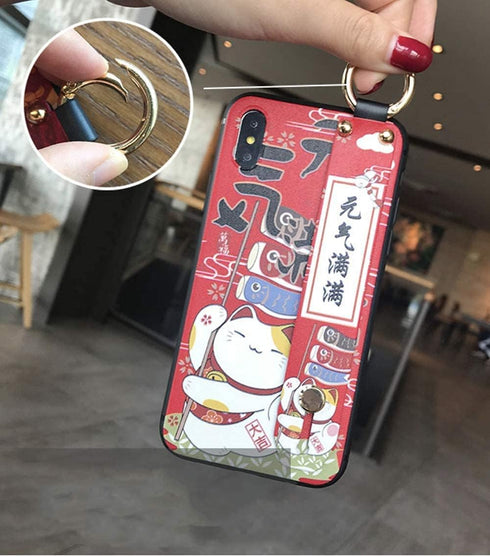 Compatible with iPhone 7/8/se3 2022 Case with Phone Lanyard, 4.7 inch Cute Japanese Lucky Cat Design, Glitter Luxury 3D Emboss Phone Case with Wri...