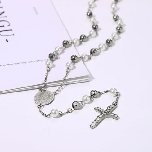 Religious Rosary Beaded Cross Necklace: Christian Beaded Stainless Steel Pearl Virgin Mary Medallion Y Necklace Jewelry Gifts for Women Men...