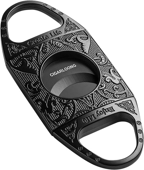 CIGARLOONG Cigar Cutter Black Engraved Stainless Steel Double Blades Cigar Guillotine...