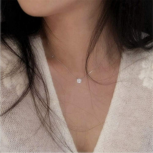 Dtja Sterling Silver Square Crystal Choker Necklace for Women Girls Cushion Shape Cubic Zirconia Small Delicate Princess Cut Pendant Necklace Adju...