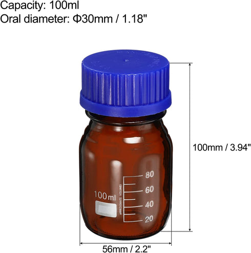 PATIKIL 100mL Reagent Media Bottle, 2Pcs Round Graduated Glass Storage Bottle Blue Screw Cap for Chemistry Lab Universities Home, Amber...
