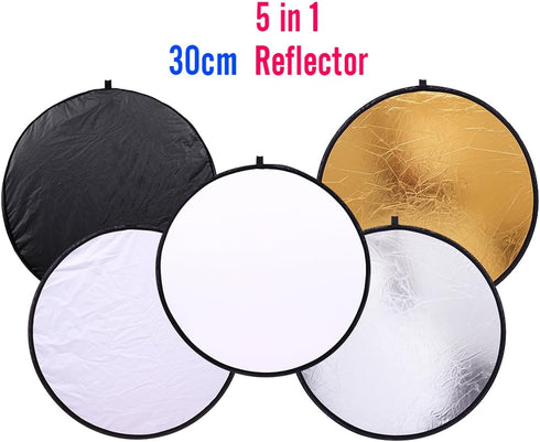 5 in 1 Photo Video Reflectors 12 inch (30cm) Collapsible Multi-Disc Light Round Photography Reflector with Bag -Translucent, Silver, Gold, White a...