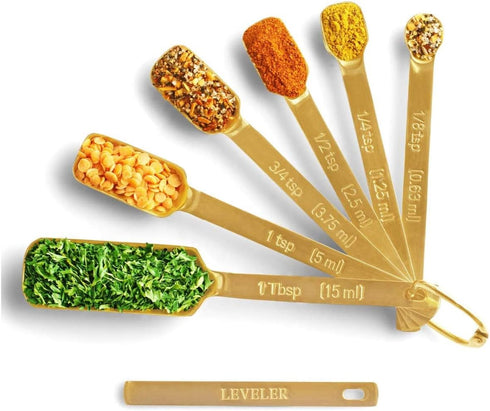 2lbDepot Gold Measuring Spoons Set of 7 Includes Bonus Leveler, for Baking/Cooking, Premium Kitchen use Stainless Steel Teaspoons, Rust Proof, Nar...