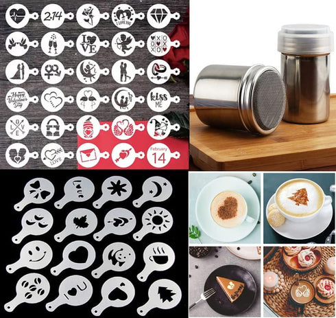 46 Coffee Stencils + 2 Steel Mesh Powder Shaker, Magnoloran Valentine's Day Stencils Cookies Baking Painting Mold Barista Templates for Dessert Cu...