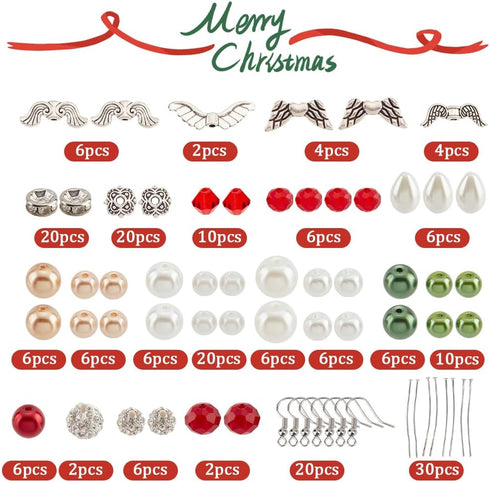 SUNNYCLUE 1 Box DIY 10 Pairs Christmas Beads Adult Earring Making Kit Angel Wing Spacer Bead Xmas Red Green Round Beads Rhinestone Loose Beads Win...