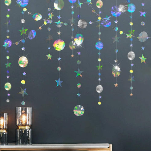 Cheerland Iridescent Star Garland Decorations Holographic Hanging Stars Moon Party Decoration Galaxy Birthday Streamer Ramadan Eid Banner Baby Sho...