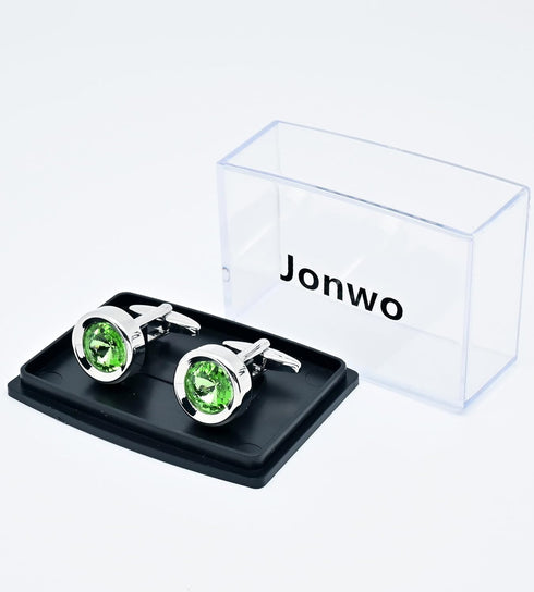 Round Green Crystal Men's Cufflinks In Gift Case Classic Round Silver Crystals Cufflinks for Men Jewelry for Wedding Party Business Birthday Anniv...