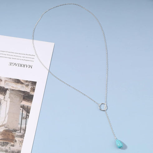 Boho Turquoise Y Necklace Silver Circle Teardrop Necklace Choker Blue Gemstone Lariat Necklace Vintage Gem Drop Necklace Jewelry for Women and Gir...
