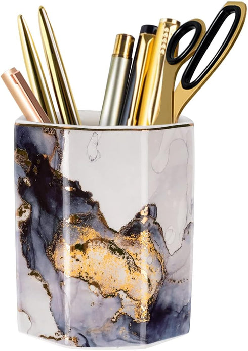WAVEYU Ceramic Pen Holder for Desk Cute, Pencil Cup Pot Desk Organizer, Makeup Brush Holder for Women, Men, Kids, Desk Marble Decor for Office, Cl...
