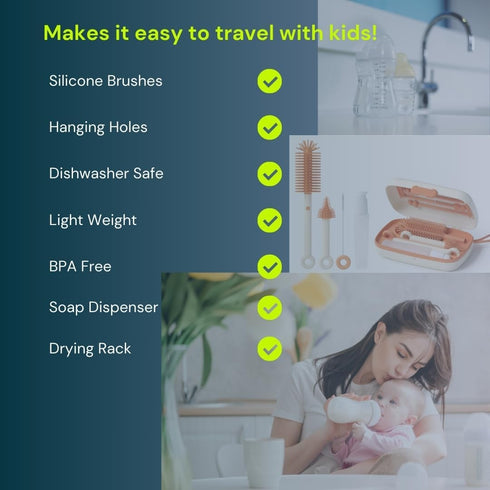 Travel Baby Bottle Cleaning Kit, 7in1 Extendable Silicone Travel Bottle Brush Set & Drying Rack, Nipple, Straw, & Breast Pump Portable cleaning, w...