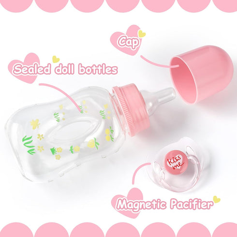JIZHI Reborn Baby Doll Hollow Bottle and Magnetic Pacifier Set, Baby Doll Accessories for Reborn Baby Dolls, Pretend Play Feeding Toy Kids Gift, P...