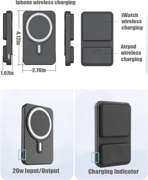 Magnetic Wireless Power Bank,3 in 1 Slim 10000mAh Wireless Portable Charger Mag-Safe Battery Pack Compatible with iPhone 14/13/12/Pro/Mini/Pro Max...
