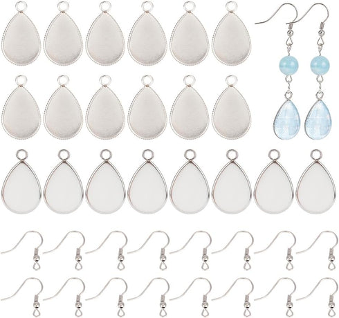 UNICRAFTALE 50 Sets Stainless Steel Earring Hooks with Drop Pendants Bezels DIY Bezel Earring Making Kits Ear Wires with Teardrop Pendant Cabochon...