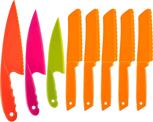 JOVITEC 8 Pcs Kid Cooking Kitchen Knife Set, Plastic Serrated Edges Children's Safe Chef Nylon Knives for Cutting Fruit Bread Cake Salad Lettuce K...