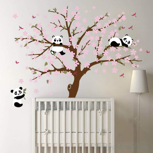 Runtoo Panda Wall Decal - Cherry Blossom Wall Art Stickers for Living Room & Bedroom...