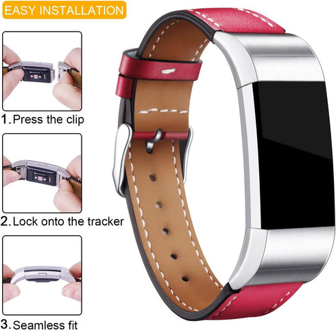 Replacement Leather Band Compatible with Fitbit Charge 2, Classic Genuine Leather Wristband for Men Women(Red-Silver Buckle)...