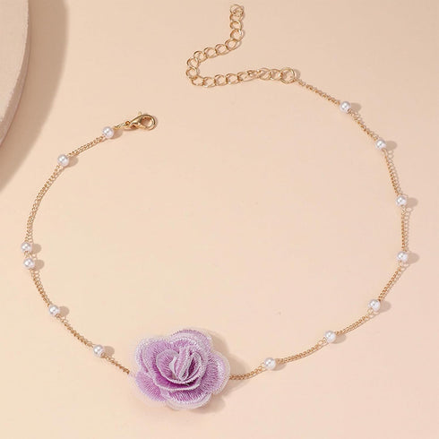 Rose Flower Choker Necklace Vintage Pearl Choker Necklace for Women Floral Choker Rose Choker Bride Wedding Party Summer Necklace (Purple)...