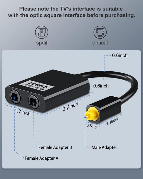 ZEXMTE Optical Fiber Splitter 1 in 2 Out Optical Audio Splitter with 24K Gold Plated Connectors for CD Player, DVD Player, Receiver-Black...