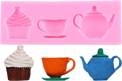 Tea Party Cake Mold Teapot Fondant Molds Tea Cup Silicone Mold for Cake Decorating Cupcake Topper Chocolate Candy Gum Paste Polymer Clay...