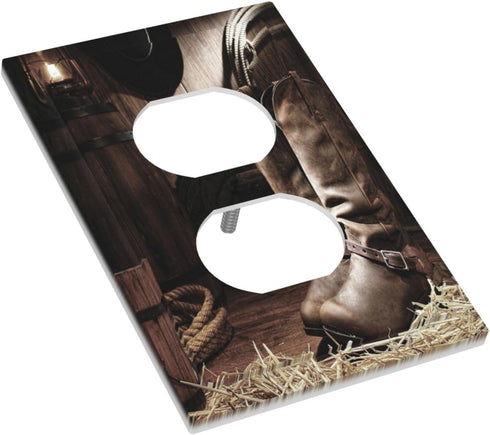American West Themed Boots 1 Gang Outlet Covers Decorative Single Duplex Wall Plate Receptacle Switchplate Western Wood Barn Plank Farmhouse Count...