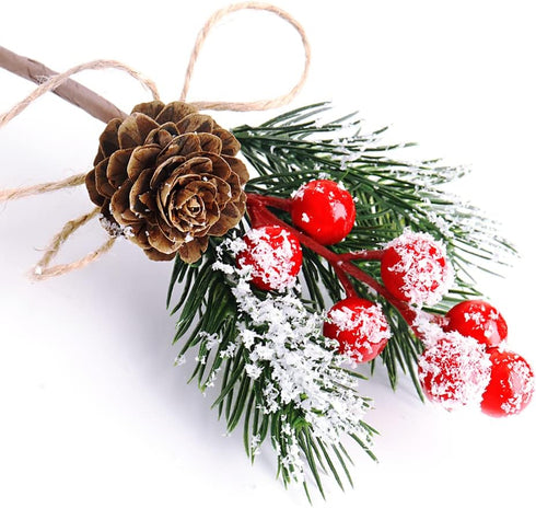 Puluole 10 Pcs Red Berries Pine Cones for Crafts - Evergreen Artificial Pine Branches Holly Stem,Christmas Tree Picks and Sprays,Artificial Flower...