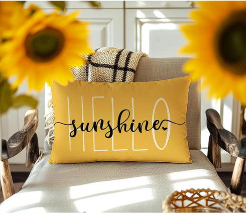 RABUSOFA Outdoor Waterproof Pillows Decorative Throw Pillows,12x20 Inch Patio Hello Sunshine Summer Pillow Covers,Yellow Waterproof Pillow Cases f...