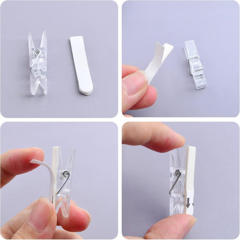 60 Pieces Clear Self Adhesive Clips Plastic Hanging Wall Clips Small Paper Photo Spring Tapestry Clips and 60 Pieces White Sticky Strips for Home ...